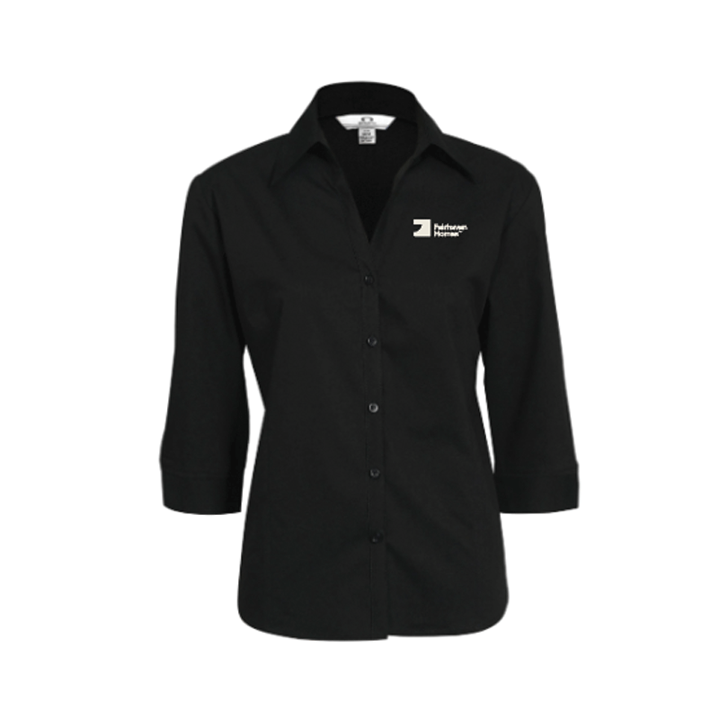 Black Ladies Metro 3/4 Sleeve Shirt  (FHLB7300) with Warm Grey 1C Left Chest embroidery