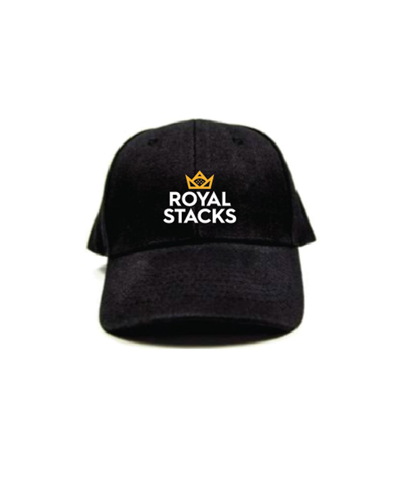 RS Black Discovery 6 Panel Brushed Twill Cap (IG5021) with front DTF transfer ROYAL STACKS in white, CROWN in pantone yellow