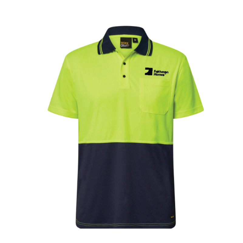 FH Yellow/Navy Hi Vis S/S Polo (NCWSP208) with Black Left Chest Embroidery