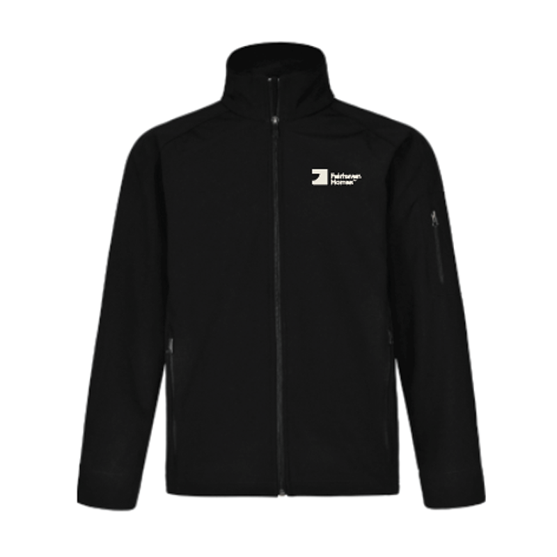 FH Black Mens Softshell High-Tech Jacket (SHJK23) with Warm Grey 1C Left Chest embroidery