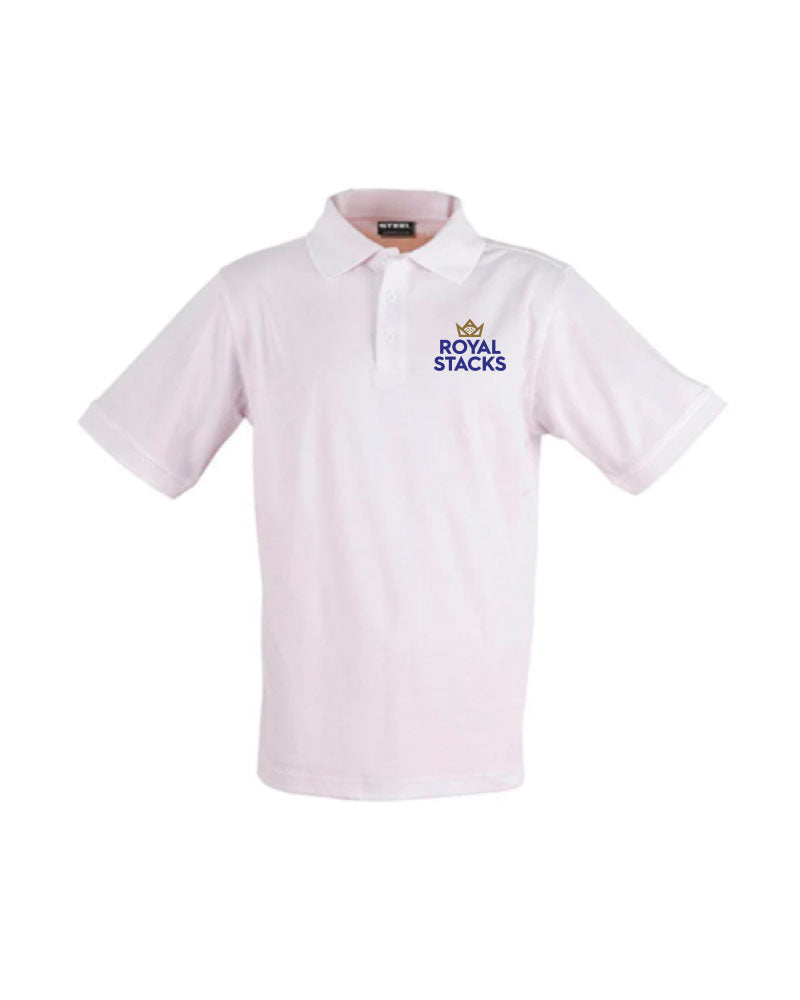 RS Mens White Premium Steel Polo (STPO01M) - (Printing - ROYAL STACKS in Blue, CROWN in gold)